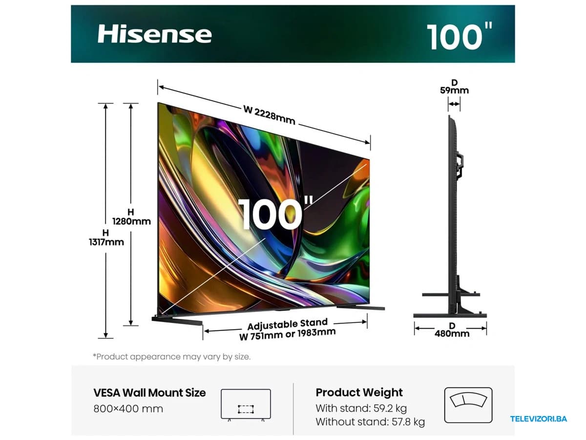 Hisense RGB MiniLED 100 inča 100UR8S – dimenzije