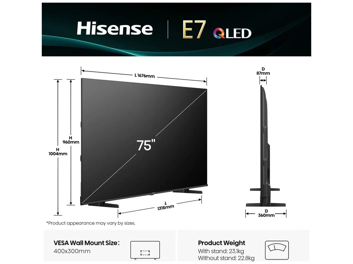 Televizor 75E7Q – dimenzije