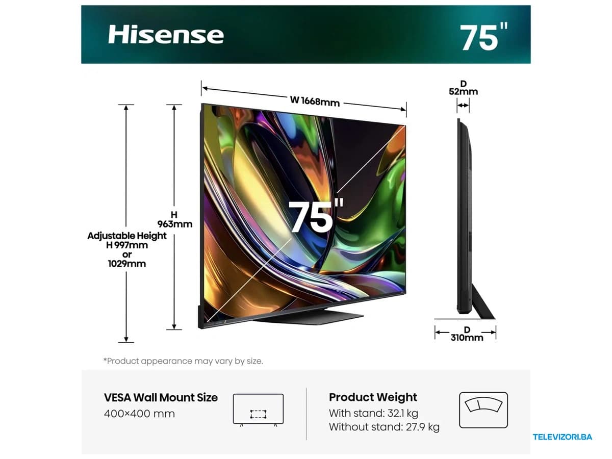 Hisense RGB MiniLED 75 inča 75UR8S – dimenzije