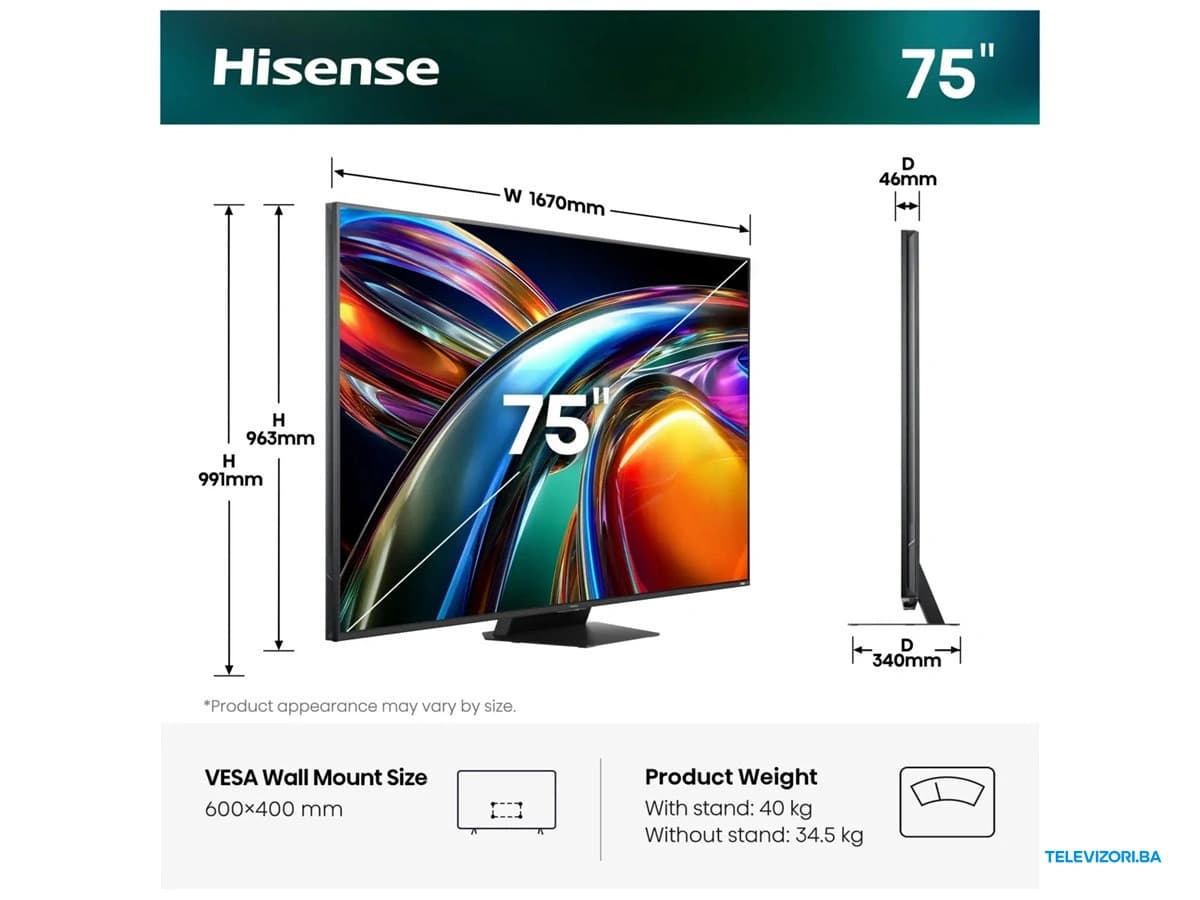 Hisense UR9S RGB MiniLED 75 – dimenzije